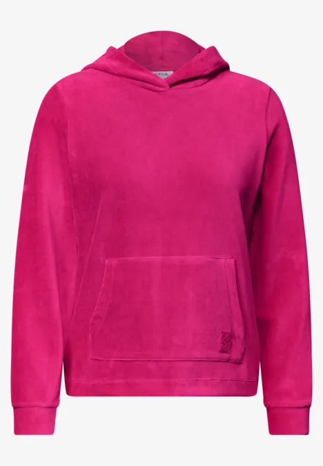T-shirt à manches longues en velours côtelé avec capuche pink flash Pinkfarbener Kapuzenpulli mit Kängurutasche, langärmlig und bequem.