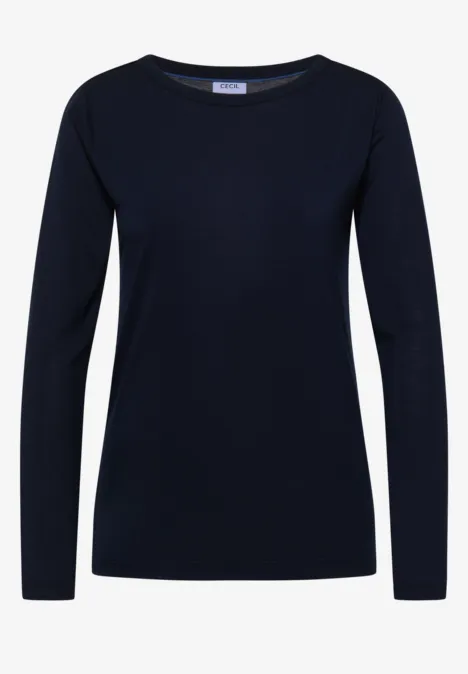 Schlichtes dunkelblaues Langarm-Shirt für Damen mit Rundhalsausschnitt.