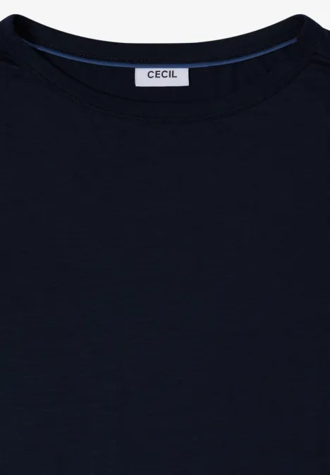 Dunkelblaues Rundhalsshirt mit Label 'CECIL' im Nacken.