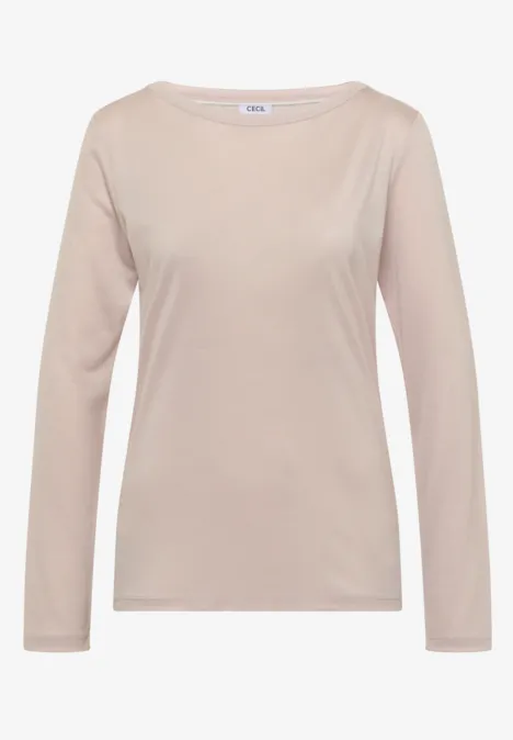 Beige Damen-Langarmshirt mit Rundhalsausschnitt und schlichtem Design.