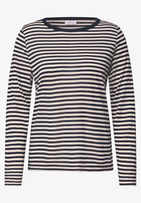 Langärmliges Shirt mit weißen und dunkelblauen Streifen und Rundhalsausschnitt.