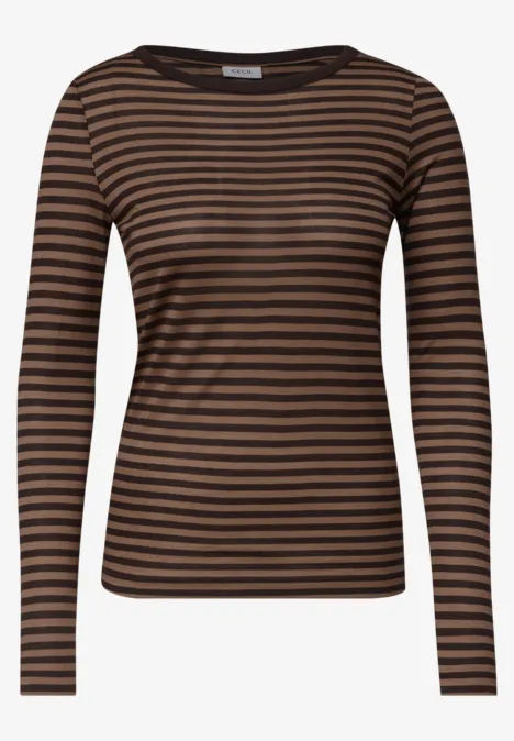 Shirt met lange mouwen, boothals en strepen truffle brown Slim-fit longsleeve met bruin-zwarte strepen.