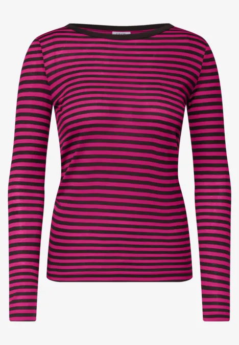 Shirt met lange mouwen, boothals en strepen pink flash Langarm top met horizontale fuchsia- en zwarte strepen en boothals.