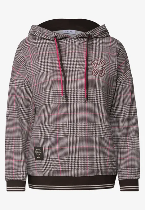 Karierter Hoodie mit Kapuze, pinken Akzenten und seitlichem Label