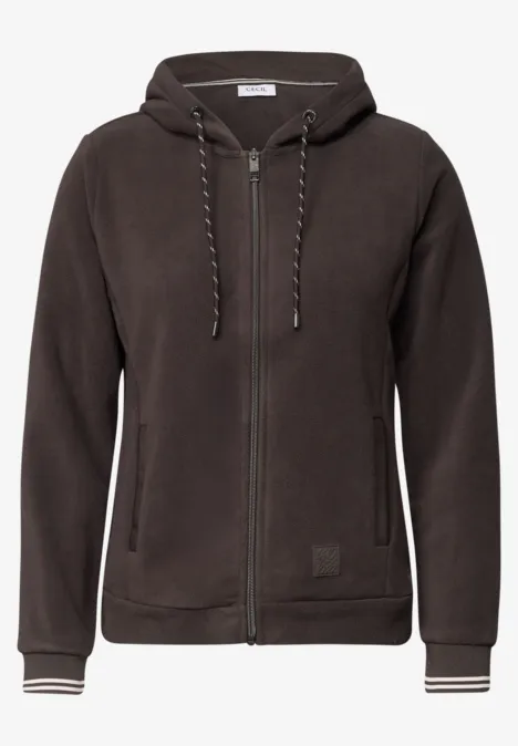 Langarm Fleece Jacke mit Kapuze truffle brown Dunkelbraune Kapuzenfleecejacke mit Reißverschluss, Kängurutaschen, gestreiften Bündchen und Kordelzug.