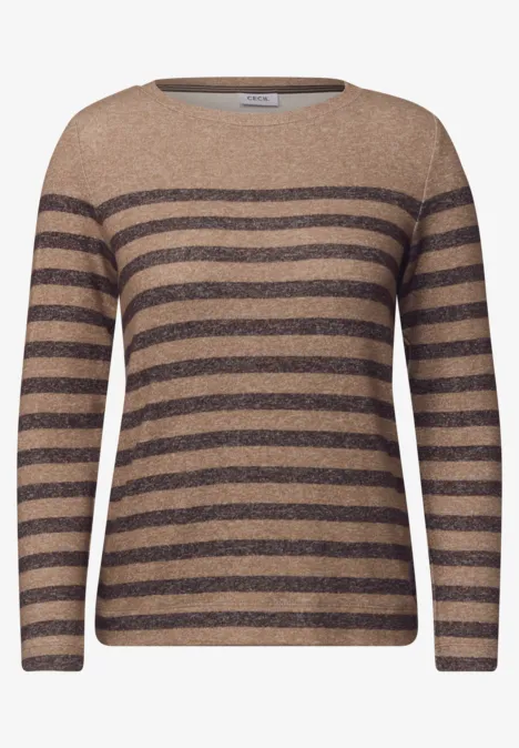 Beiger Pullover mit schmalen, dunkelbraunen Streifen, langärmelig, lässiger Rundhalsausschnitt.
