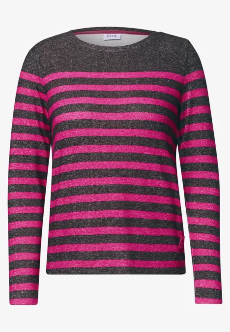 T-shirt rayé à manches longues et col bateau truffle brown melange Langärmeliger Damenpullover mit grauen und pinken horizontalen Streifen.