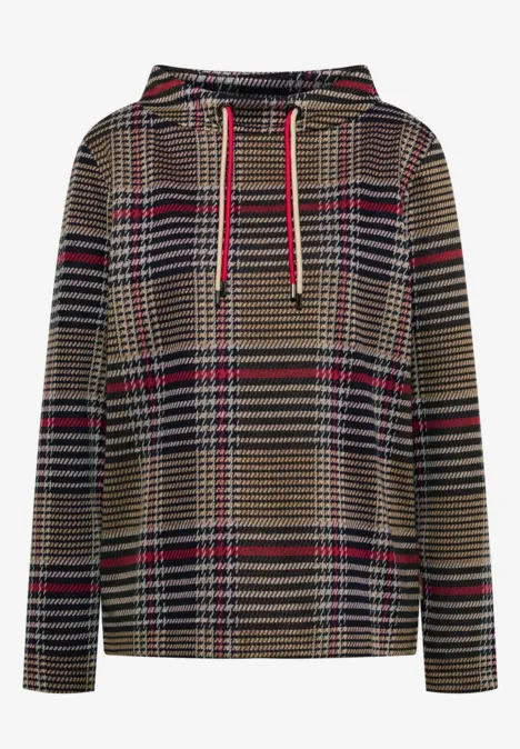 Capuchontrui met ruitpatroon in beige, zwart en rood, met trekkoord en losse pasvorm.