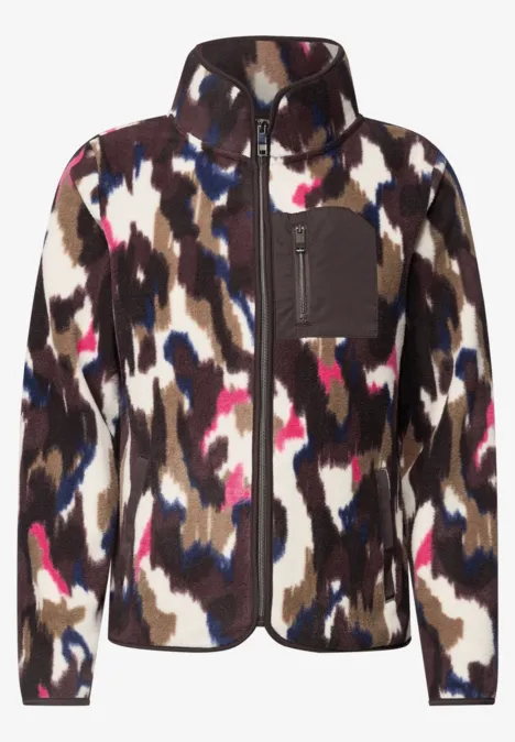 Fleecejas met lange mouwen en print pink flash Flauschige Jacke mit abstraktem Camouflage-Muster in Braun, Weiß, Schwarz, Pink und Blau.