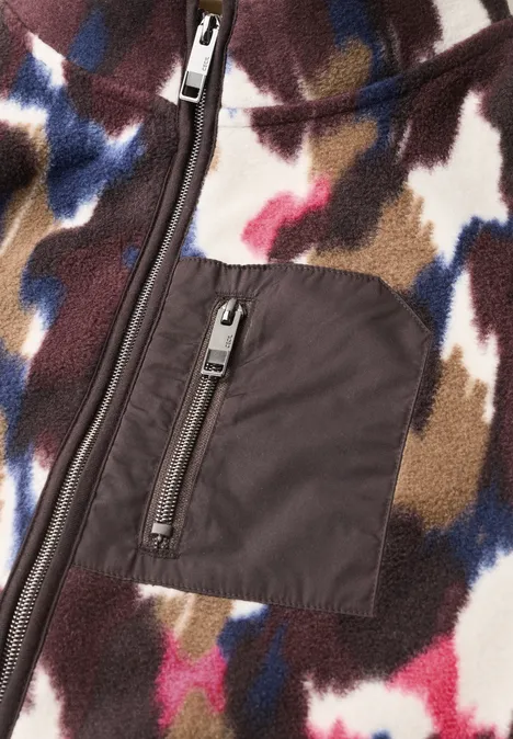 Fleecejas met lange mouwen en print pink flash Fleecejacke mit buntem Camouflage-Muster und kleiner Brusttasche mit Reißverschluss.