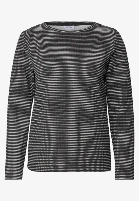 Langärmliges gestreiftes Damen-Shirt mit Rundhalsausschnitt in Schwarz-Weiß