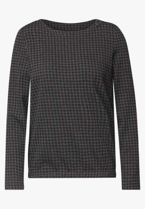 Dunkelgraues Langarmshirt mit kleinem Hahnentritt-Muster.