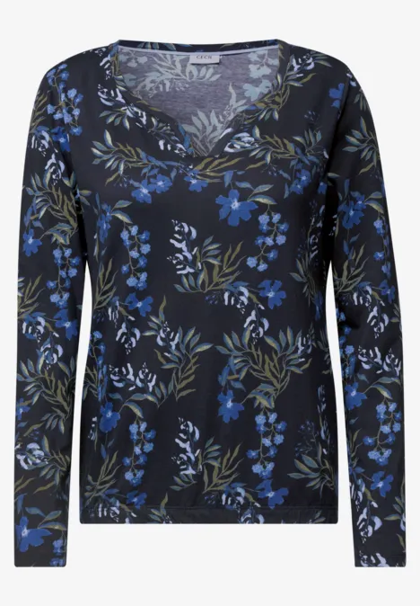 T-shirt à manches longues noir à motif floral bleu