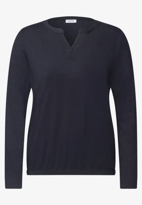 T-shirt à manches longues bleu foncé uni avec encolure en V.