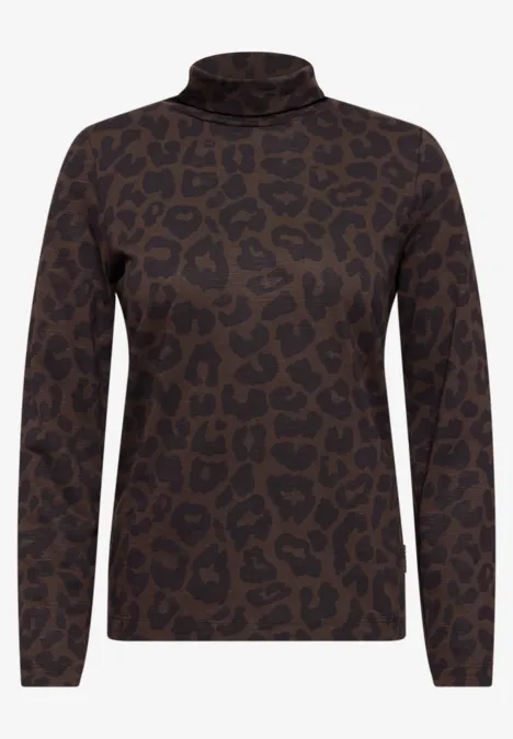 T-shirt à manches longues, col roulé et motif léopard truffle brown Brauner Rollkragenpullover mit Leopardenmuster und langen Ärmeln.
