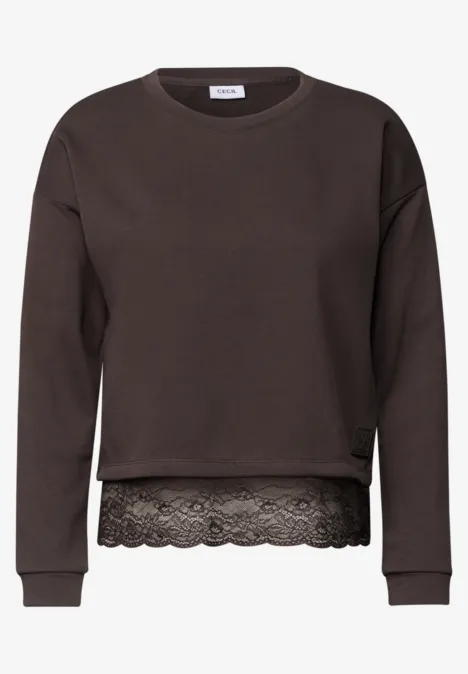 Sweat marron foncé à col rond et dentelle au bas.