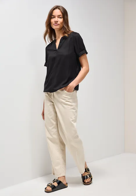 Split Neck Viskose-Bluse Black