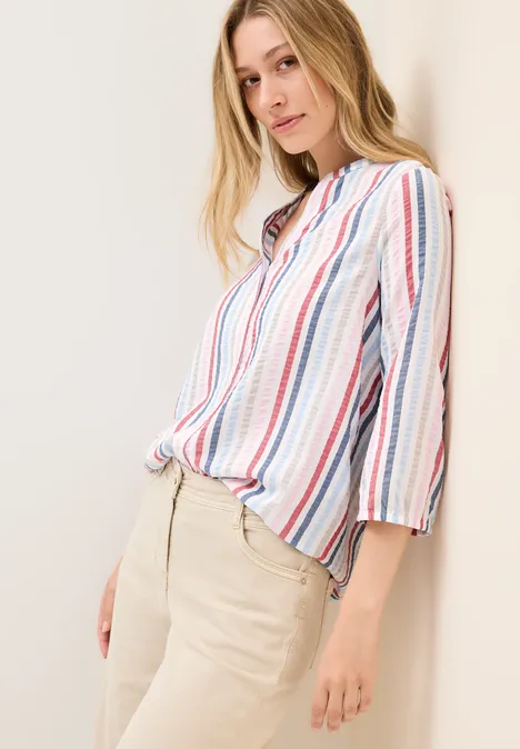 Gestreifte Split Neck Bluse vanilla white