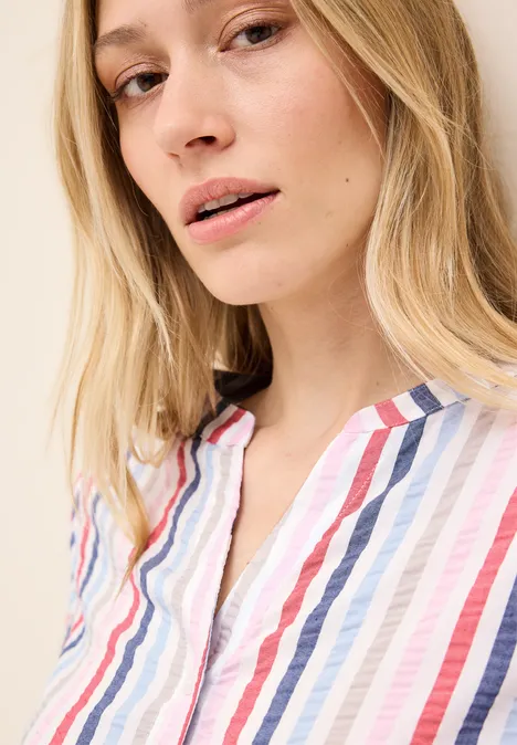 Gestreifte Split Neck Bluse vanilla white