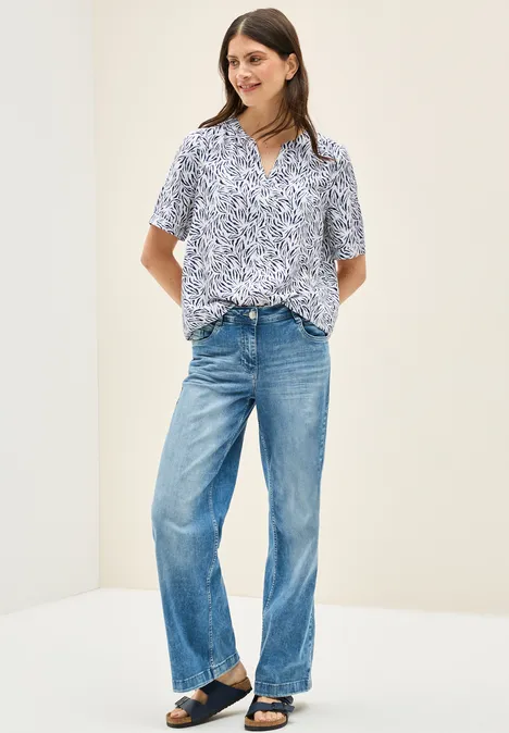 Gemusterte Split Neck Bluse vanilla white