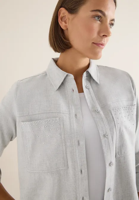 Flanellen blouse met studs luna grey melange