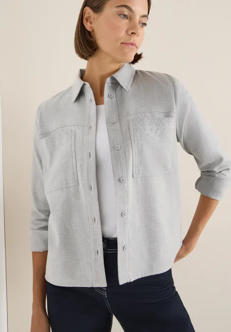 Flanellen blouse met studs luna grey melange