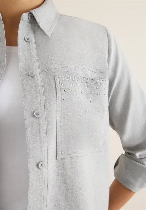 Flanellen blouse met studs luna grey melange