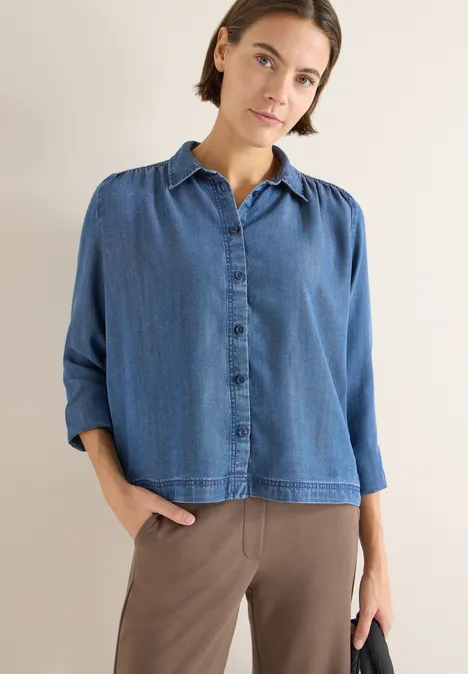 Lyocellbluse mit Smockdetail mid blue wash