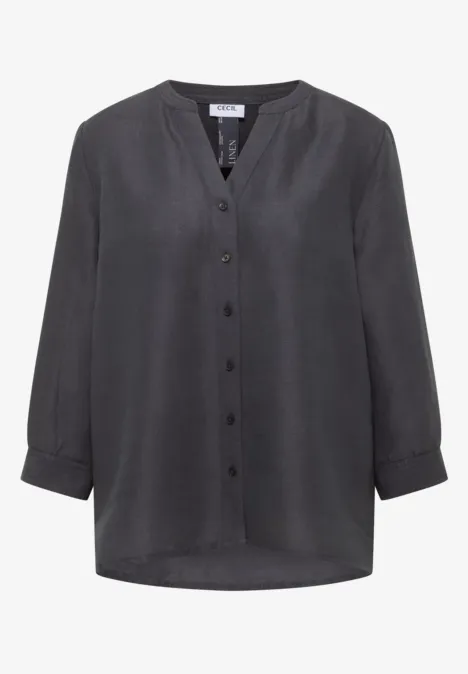 Grijze blouse met lange mouwen, V-hals, knoopsluiting en een licht afgeronde zoom.