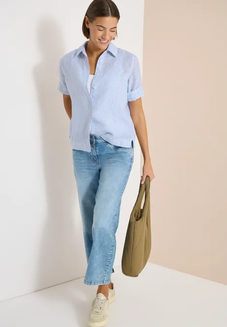 Blouse met korte mouwen van puur linnen blouse blue