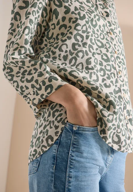 Blouse met leopatroon in linnenmix macadamia beige