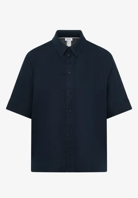 Donkerblauw kort mouwen overhemd met klassieke kraag en knoopsluiting, van licht materiaal.