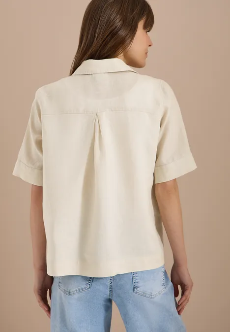 Kurzarm Hemdbluse aus reinem Leinen macadamia beige