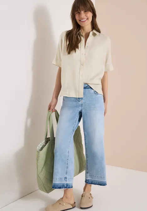 Kurzarm Hemdbluse aus reinem Leinen macadamia beige