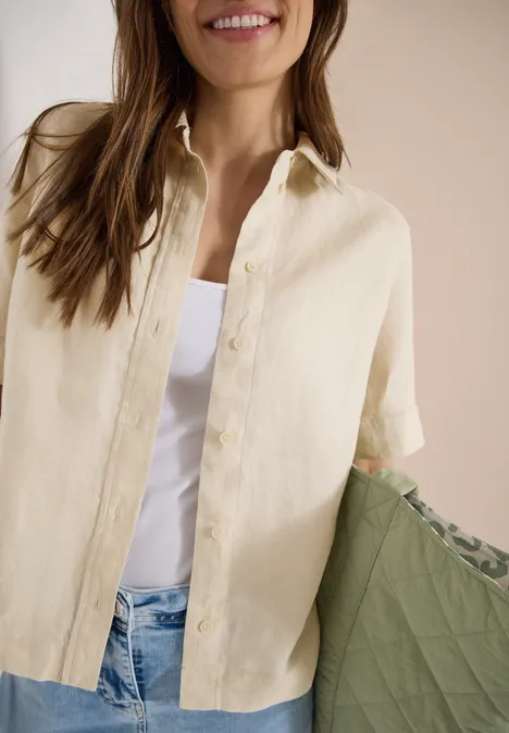 Kurzarm Hemdbluse aus reinem Leinen macadamia beige