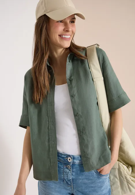 Kurzarm Hemdbluse aus reinem Leinen just khaki