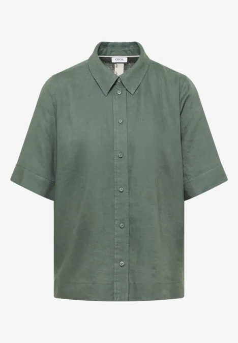 Kurzarm Hemdbluse aus reinem Leinen just khaki
