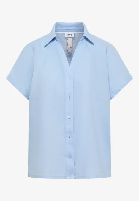 Lichtblauw kort damesblouse met knoopsluiting en kraag, eenvoudig en casual.