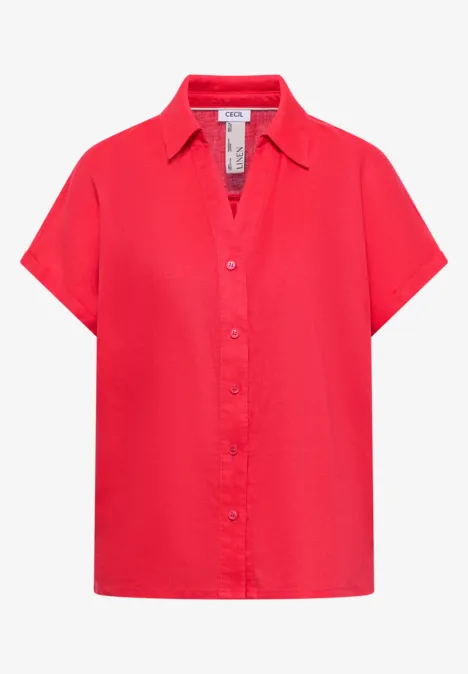 Rood overhemd met korte mouwen, kraag en knoopsluiting.
