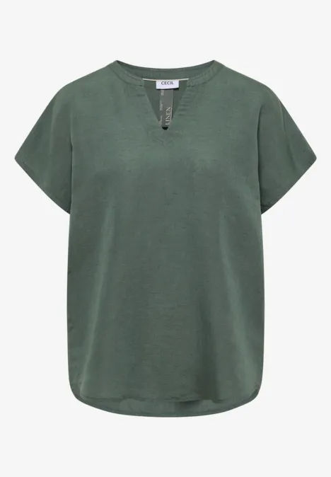 Grünes Damen-T-Shirt mit kurzen Ärmeln und dezentem V-Ausschnitt, lockerer Schnitt.