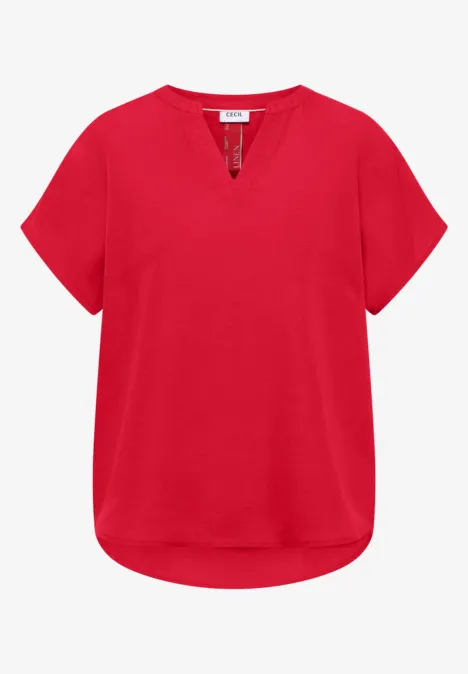 T-shirt femme rouge à manches courtes, encolure en V et ourlet arrondi.