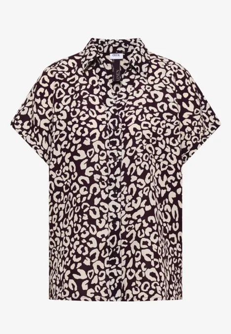 Zwart kort mouw blousje met beige luipaardprint en strikkraag