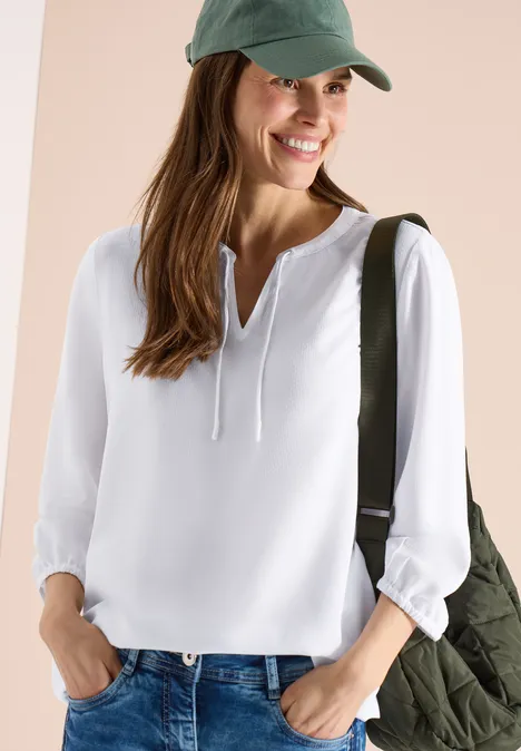 3/4-Arm Bluse mit Split Neck White