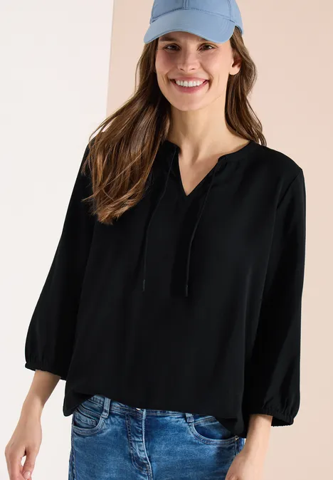 3/4-Arm Bluse mit Split Neck Black