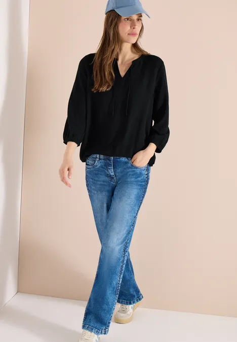 3/4-Arm Bluse mit Split Neck Black