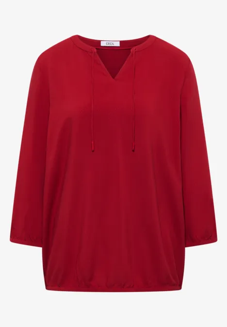 Rood, los vallend damesshirt met driekwartmouwen, V-hals en koordsluiting.