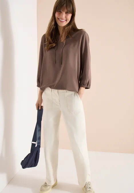 3/4-mouwen blouse met gespleten hals urban taupe 3/4-mouwen blouse met gespleten hals urban taupe