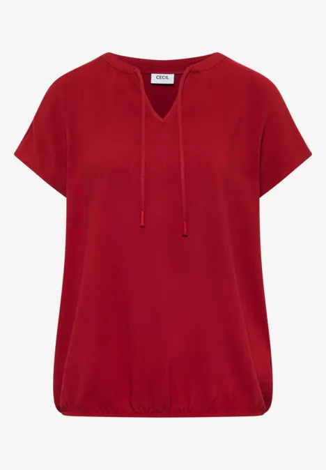 Rood damesshirt met korte mouwen, losse pasvorm en V-hals met koord.