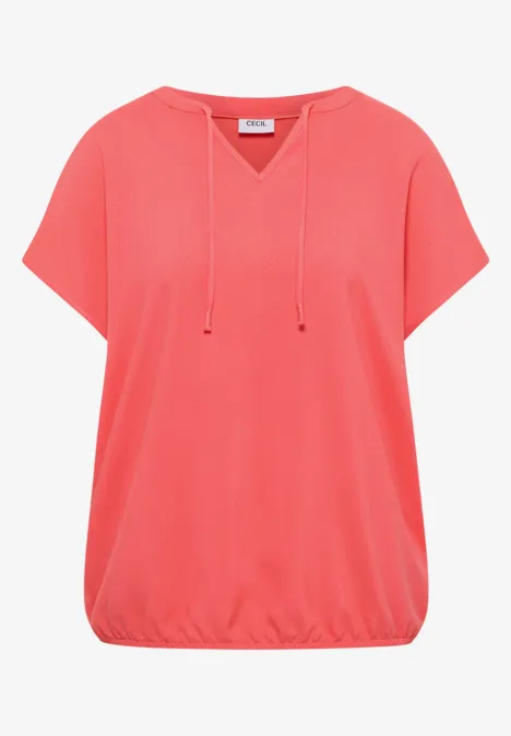 Koraalkleurige top met capuchon, korte mouwen en elastische zoom
