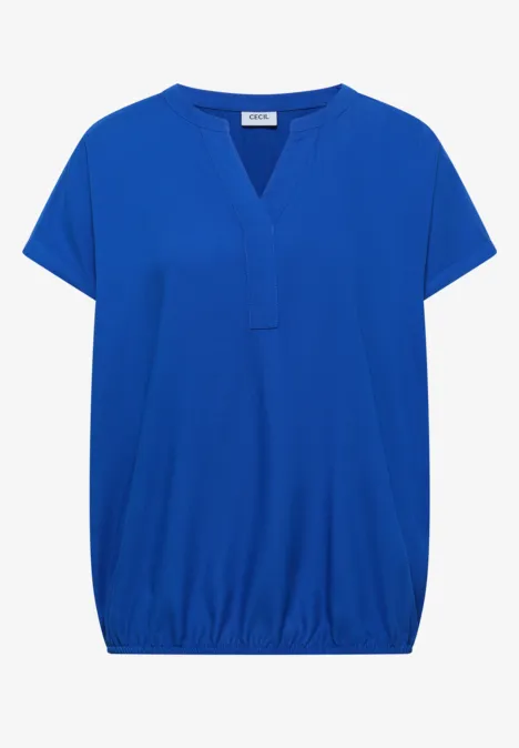Blouse met korte mouwen en gespleten hals surf blue Effen blauw T-shirt met korte mouwen, V-hals en elastische zoom.